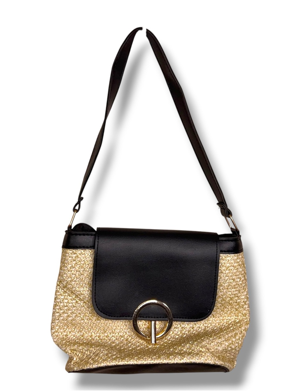 Straw Bucket Bag Purse Black Faux Leather Accent Retro Pinup Tiki Style Small